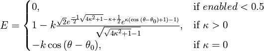 E =
\begin{cases}
    0, & \text{if}\ enabled < 0.5 \\
    1-k\frac{ \sqrt{2} e^{\frac{-1}{2}\sqrt{4\kappa^2+1}-\kappa+\frac{1}{2}}
    e^{\kappa(\cos{(\theta-\theta_0)}+1)-1)}}
    {\sqrt{\sqrt{4\kappa^2+1}-1}}, & \text{if}\ \kappa>0 \\
    -k\cos{(\theta-\theta_0)}, & \text{if}\ \kappa=0
\end{cases}